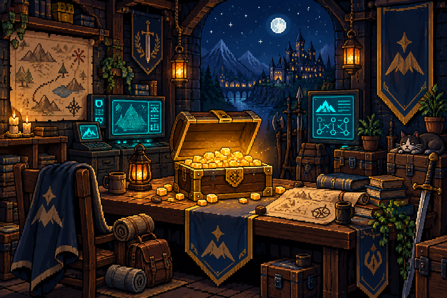 Pixel art guild workshop with an illuminated treasure chest and teal terminals